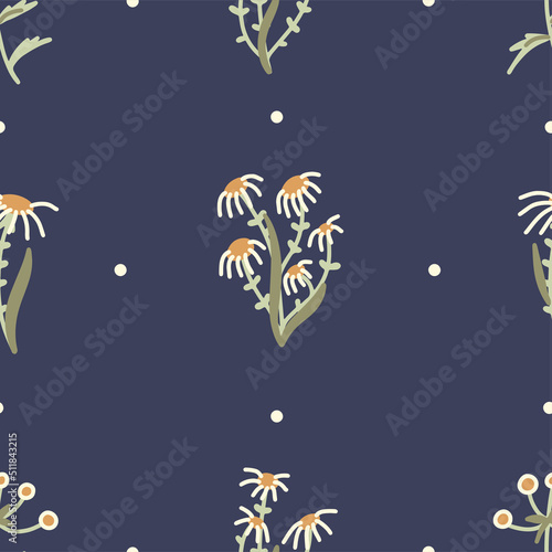 Seamless vector cute floral pattern with daisy flowers. Modern botanical texture in Scandinavian style for print. Hand drawn floristic background