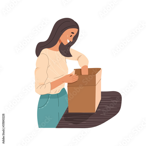 Smiling woman opening carton box parcel with purchase from online store. Happy customer is satisfied with order and fast delivery from internet shop. Flat vector illustration