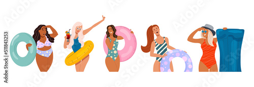 Happy diversity women in swimsuit with inflatable ring float, circle, matress set. Joyful smiling girls ready to beach summer party. Color flat cartoon vector illustration isolated on white background © Оксана Назарова