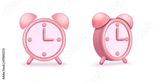 3D rendering Set of a pink alarm clock or mechanical clock with a timer. Icon of a realistic alarm clock in a toy, cartoon style made of plastic. Time on the clock. Isolated 3d vector illustration