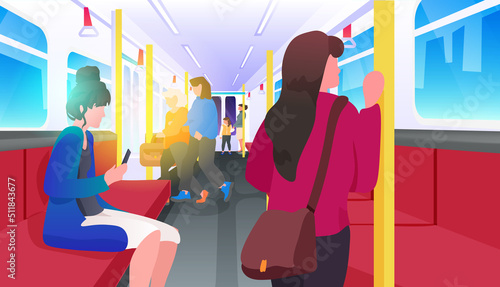Ukrainian refugees with things moving in subway underground fleeing russian aggression against Ukraine stop war concept