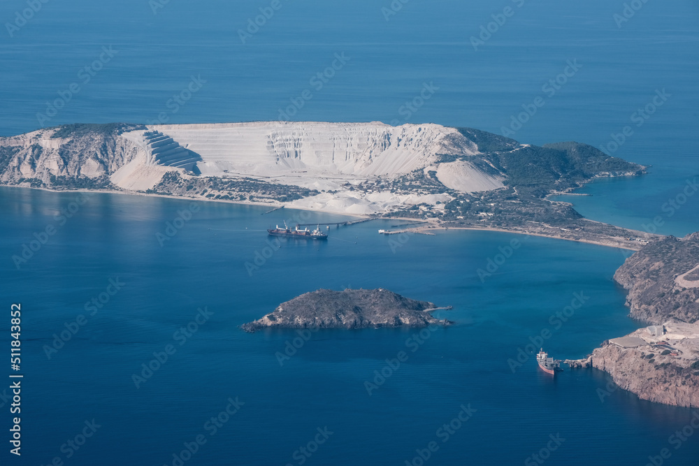 Aerial view of quarry island nearby Kos island on sunny day. Aegean Sea, Greece.