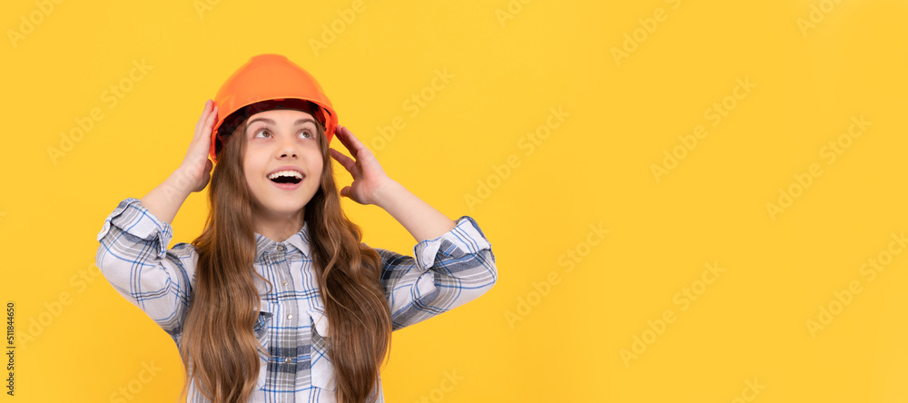 happy teen girl in helmet and checkered shirt, architect. Child in hard hat horizontal poster design. Banner header, copy space. happy teen girl in helmet and checkered shirt, architect. Child in hard hat horizontal poster design. Banner header, copy space.