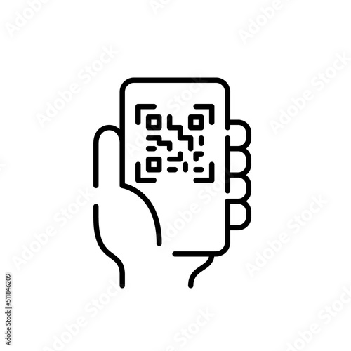 Hand holding a smartphone scanning qr code. Pixel perfect, editable stroke line icon