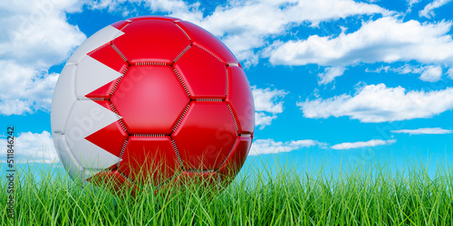 Soccer ball with Bahraini flag on the green grass against blue sky  3D rendering
