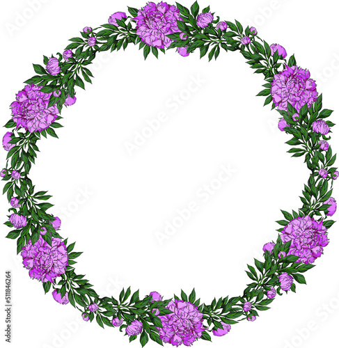 Vector floral wreath from pink peony flowers and green leaves. Summer design of card  plate  invitation with empty place for text  poster.