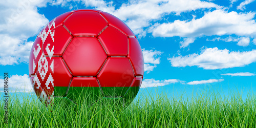 Soccer ball with Belarusian flag on the green grass against blue sky  3D rendering