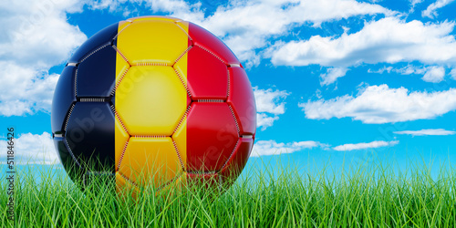 Soccer ball with Chadian flag on the green grass against blue sky  3D rendering