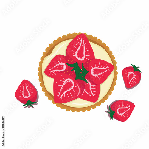 Flat vector illustration image of strawberry shortbread tartlet for coffee shop or pastry shop menu decor, for postcard or banner design
