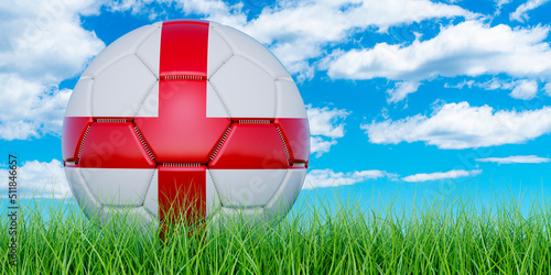Soccer ball with English flag on the green grass against blue sky  3D rendering
