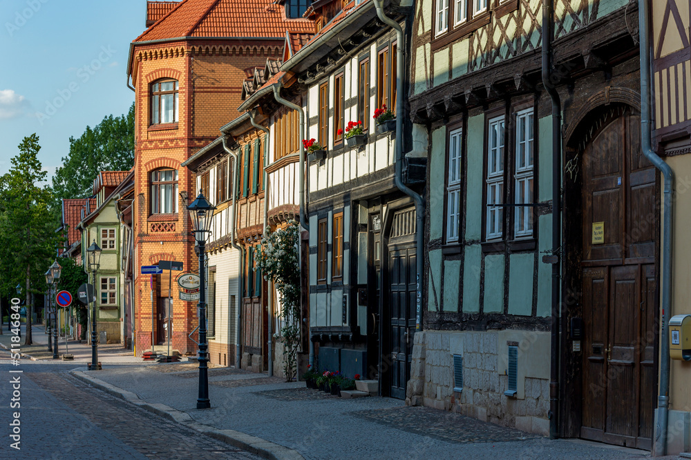 Germany, Harz, Quidlingburg, June 15, 2022 The cobbled streets and old half-timbered houses.