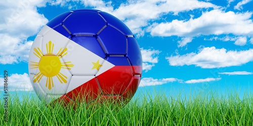 Soccer ball with Filipino flag on the green grass against blue sky  3D rendering
