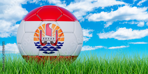 Soccer ball with French Polynesian flag on the green grass against blue sky  3D rendering
