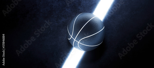 3D model of typical basketball ball laying on bright glowing white line. Abstract theme of sport equipment. © Martin Piechotta