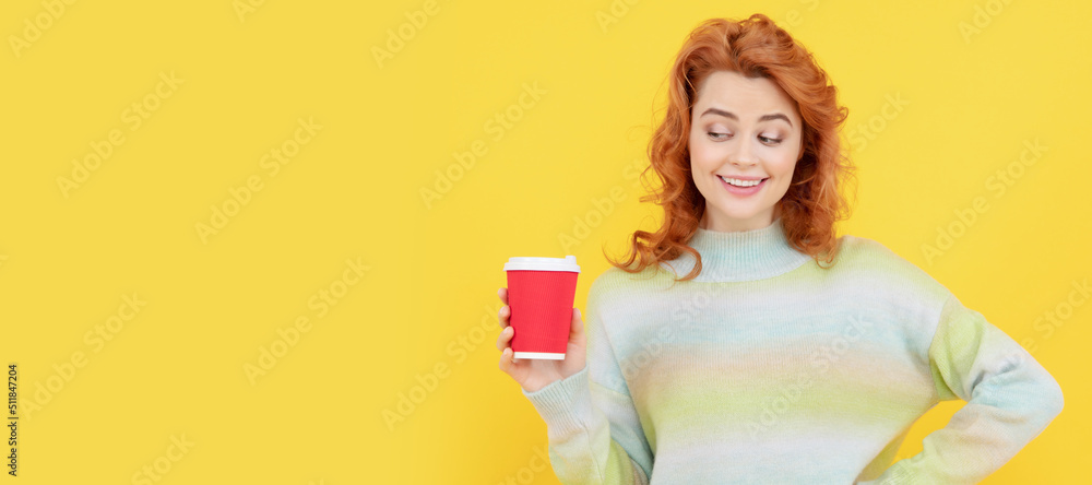 charming redhead woman face portrait drink coffee from paper cup, takeaway drink. Woman isolated face portrait, banner with copy space. charming redhead woman face portrait drink coffee from paper cup, takeaway drink. Woman isolated face portrait, banner with copy space.