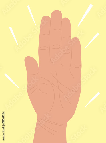 Hand is raised up, an open palm, closed fingers. Hand with white skin showing 5 fingers. Stop sign. Vector illustration in flat cartoon style. Palm to us. Communication, hand gestures, concept, symbol
