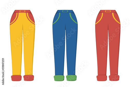 A set of pants in different colors in a flat style. Vector image.