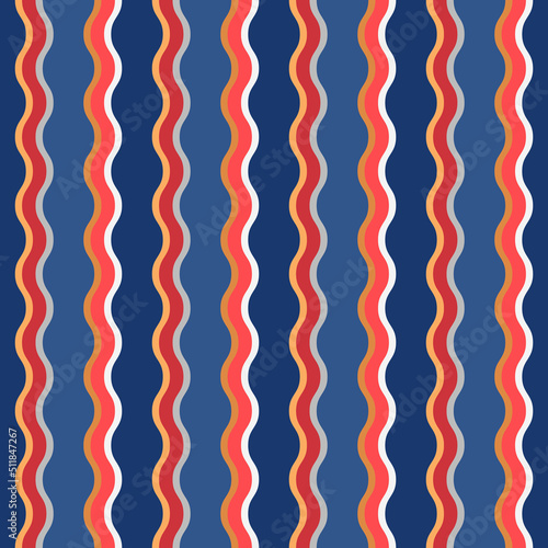 The wavy lines are blue with red and white splashes. Vector seamless pattern for print.