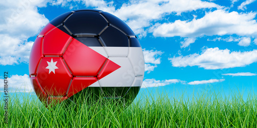 Soccer ball with Jordanian flag on the green grass against blue sky  3D rendering