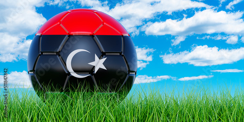 Soccer ball with Libyan flag on the green grass against blue sky  3D rendering