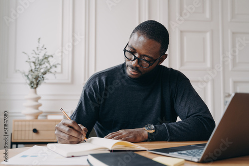 Stunning concentrated Aframerican male lawyer in casual wear making notes in agenda