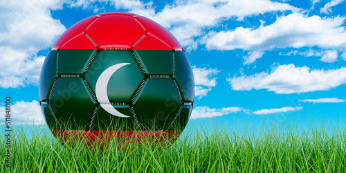 Soccer ball with Maldivian flag on the green grass against blue sky  3D rendering