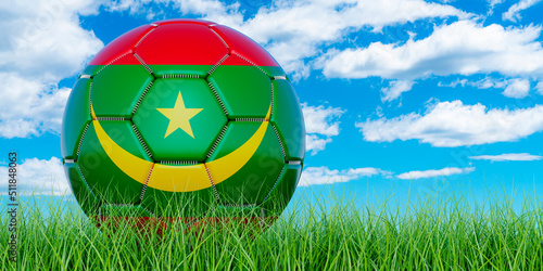Soccer ball with Mauritanian flag on the green grass against blue sky  3D rendering