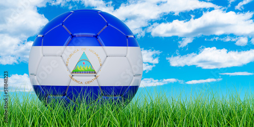 Soccer ball with Nicaraguan flag on the green grass against blue sky  3D rendering
