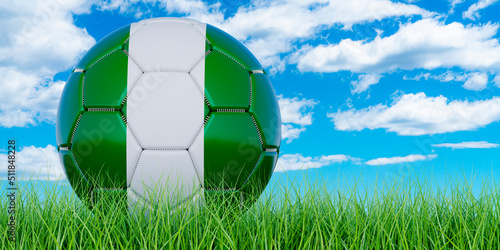Soccer ball with Nigerian flag on the green grass against blue sky  3D rendering