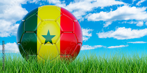 Soccer ball with Senegalese flag on the green grass against blue sky, 3D rendering