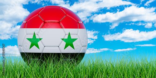 Soccer ball with Syrian flag on the green grass against blue sky  3D rendering