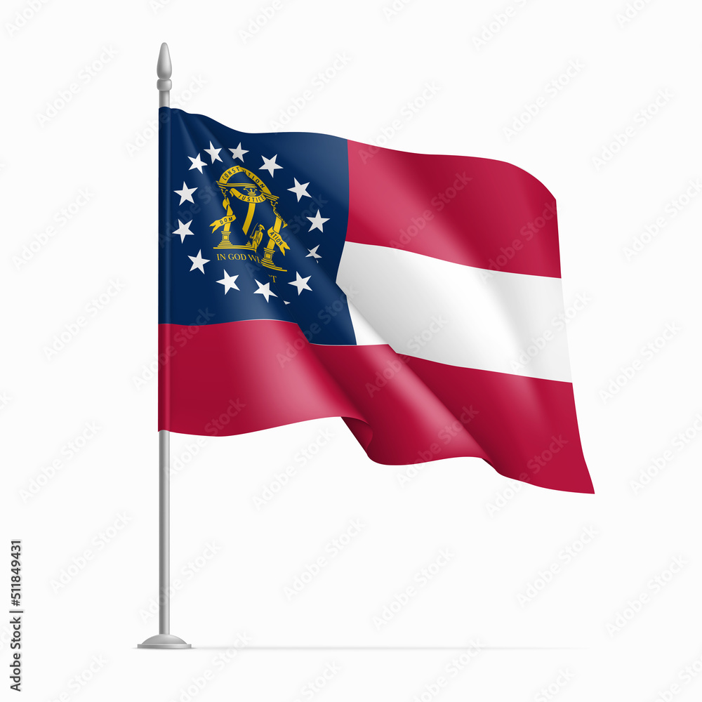 Waving flag of Georgia on flagpole, USA federal state. Federal wavy flag of United States of America, symbol of patriotism realistic vector illustration Waving flag of Georgia on flagpole, USA federal state. Federal wavy flag of United States of America, symbol of patriotism realistic vector illustration