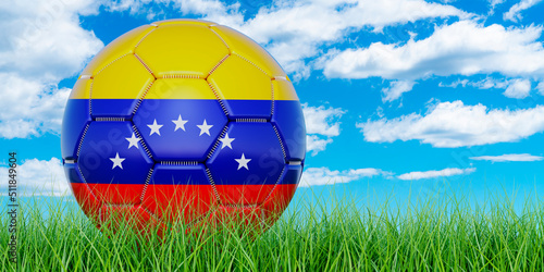 Soccer ball with Venezuelan flag on the green grass against blue sky  3D rendering
