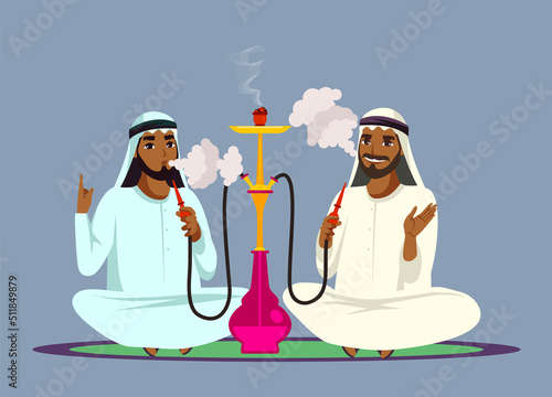 Arab men smoke hookah pipe, exhale thick white smoke and sitting on floor. Friends relax and spend time together in hookah bar. Vector concept of lounge club and traditional oriental leisure