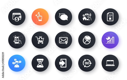 Minimal set of Talk bubble, 360 degree and Touchscreen gesture flat icons for web development. Growth chart, Wallet, Reject file icons. Cross sell, Login, Verified mail web elements. Vector