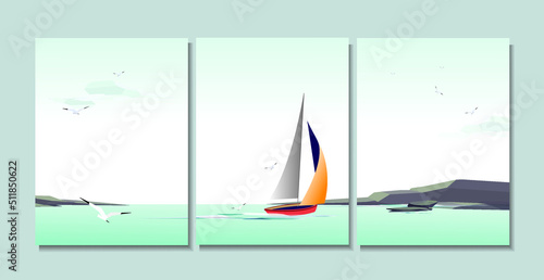 Ocean, rocks, sailboat and seagull birds in the sky modular triptych paintings. Sea flat vector illustrations set for wall decor, cover, poster designs and other.