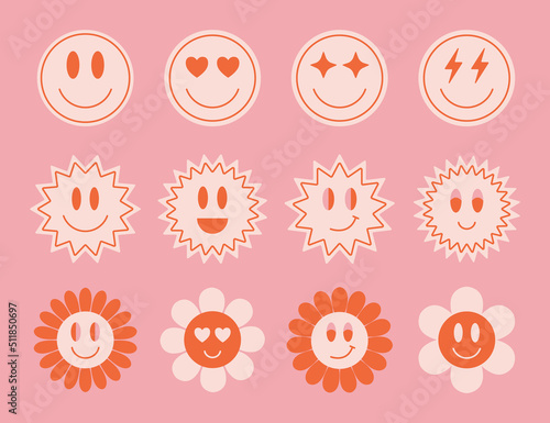 Set of simple cute hipster smile stickers. Trendy retro abstract patches. Vector illustration.
