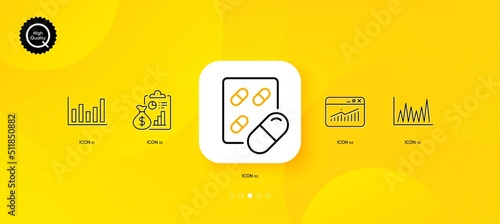Capsule pill, Website statistics and Line graph minimal line icons. Yellow abstract background. Column chart, Report icons. For web, application, printing. Vector