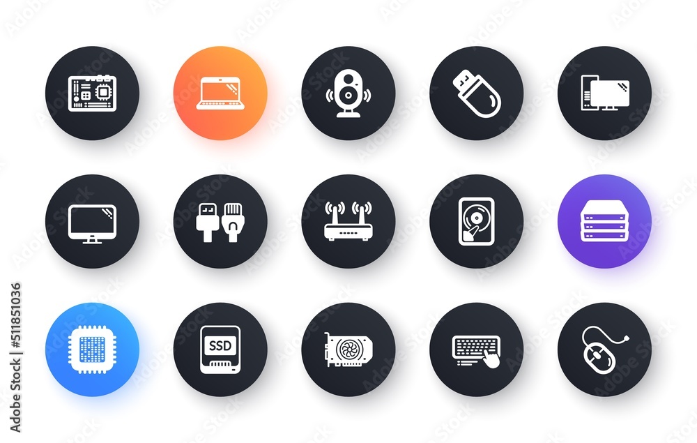 Computer device icons. Motherboard, CPU and Laptop. SSD memory classic icon set. Circle web buttons. Vector Computer device icons. Motherboard, CPU and Laptop. SSD memory classic icon set. Circle web buttons. Vector