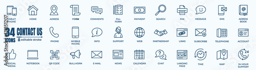 Contact us editable stroke pictogram and minimal thin line web icon set. Outline icons collection. Simple vector illustration