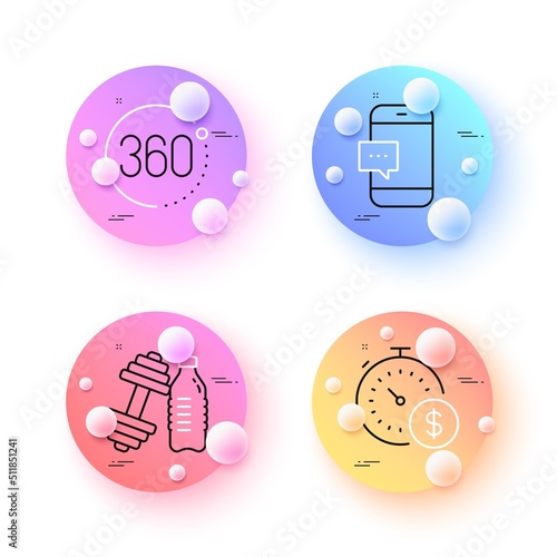 360 degrees, Smartphone message and Last minute minimal line icons. 3d spheres or balls buttons. Dumbbell icons. For web, application, printing. Full rotation, Cellphone chat, Buying timer. Vector