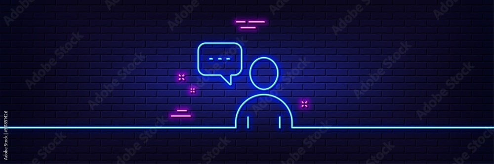 Neon light glow effect. User communication line icon. Person with chat speech bubble sign. Human silhouette symbol. 3d line neon glow icon. Brick wall banner. Users chat outline. Vector Neon light glow effect. User communication line icon. Person with chat speech bubble sign. Human silhouette symbol. 3d line neon glow icon. Brick wall banner. Users chat outline. Vector