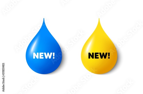 Paint drop 3d icons. New tag. Special offer sign. New arrival symbol. Yellow oil drop, watercolor blue blob. Arrivals promotion. Vector