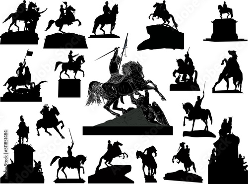 Fototapeta set of eighteen horseman statues on white