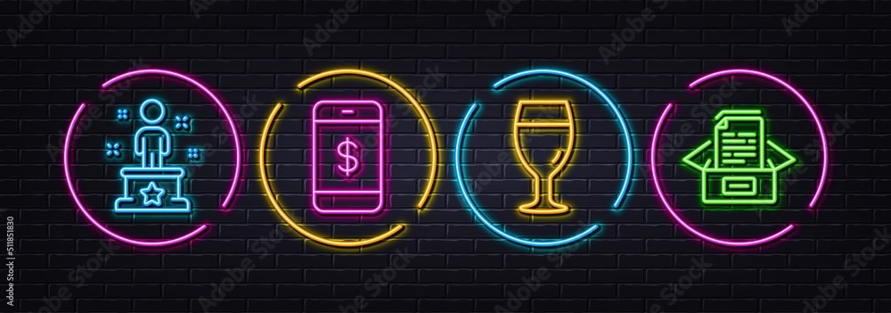 Beer glass, Success and Smartphone payment minimal line icons. Neon laser 3d lights. Documents box icons. For web, application, printing. Brewery beverage, Winner person, Mobile pay. Vector