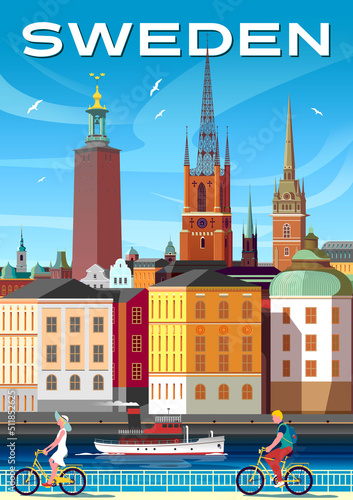 Swedish cityscape with historic buildings, churches, town hall and ship on a water. Handmade drawing vector illustration. Retro style poster.
