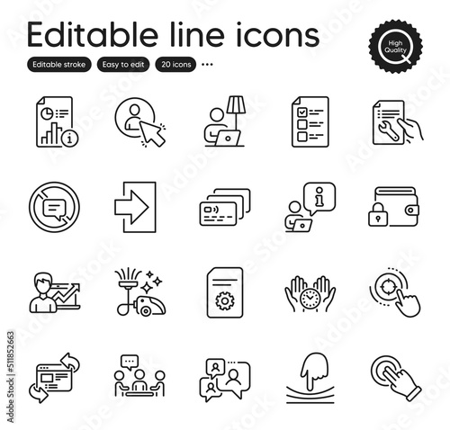 Set of Technology outline icons. Contains icons as File settings, Stop talking and Vacuum cleaner elements. Refresh website, User, Success business web signs. Lock, Voting ballot. Vector