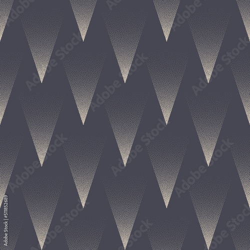 Top Down Sharp Spikes Trendy Seamless Pattern Vector Stippled Abstract Background. Ragged Herringbone Geometric Structure Grainy Texture Repetitive Gray Wallpaper. Half Tone Triangles Art Illustration