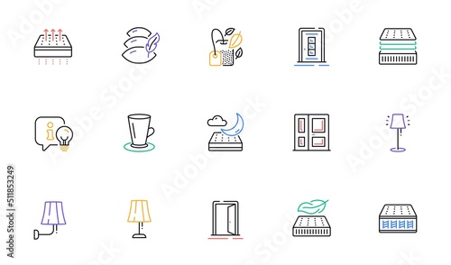 Entrance, Night mattress and Open door line icons for website, printing. Collection of Door, Wall lamp, Mint bag icons. Teacup, Pillow, Stand lamp web elements. Deluxe mattress. Sleeping pad. Vector