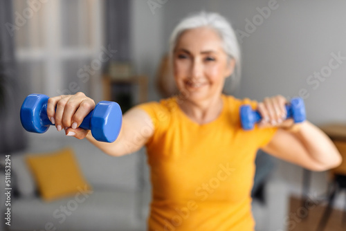 Home training on retirement. Fit senior woman doing exercises with dumbbells at home, working out her arm muscles